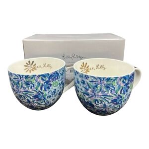 Lilly Pulitzer NIB Set of 2 Coffee Cup Gold Handle 12 oz Blue High Maintenance